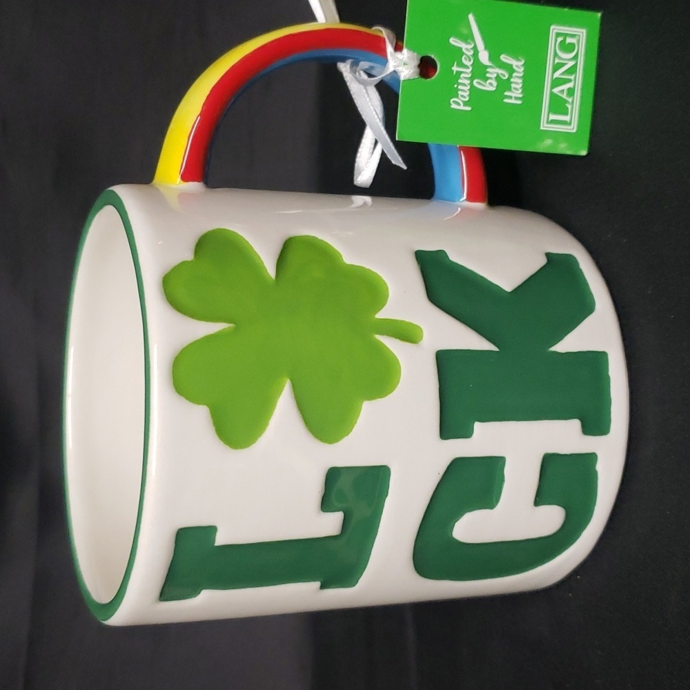 Lang NWT "LUCK" Handpainted Ceramic Mug with Four Leaf Clover